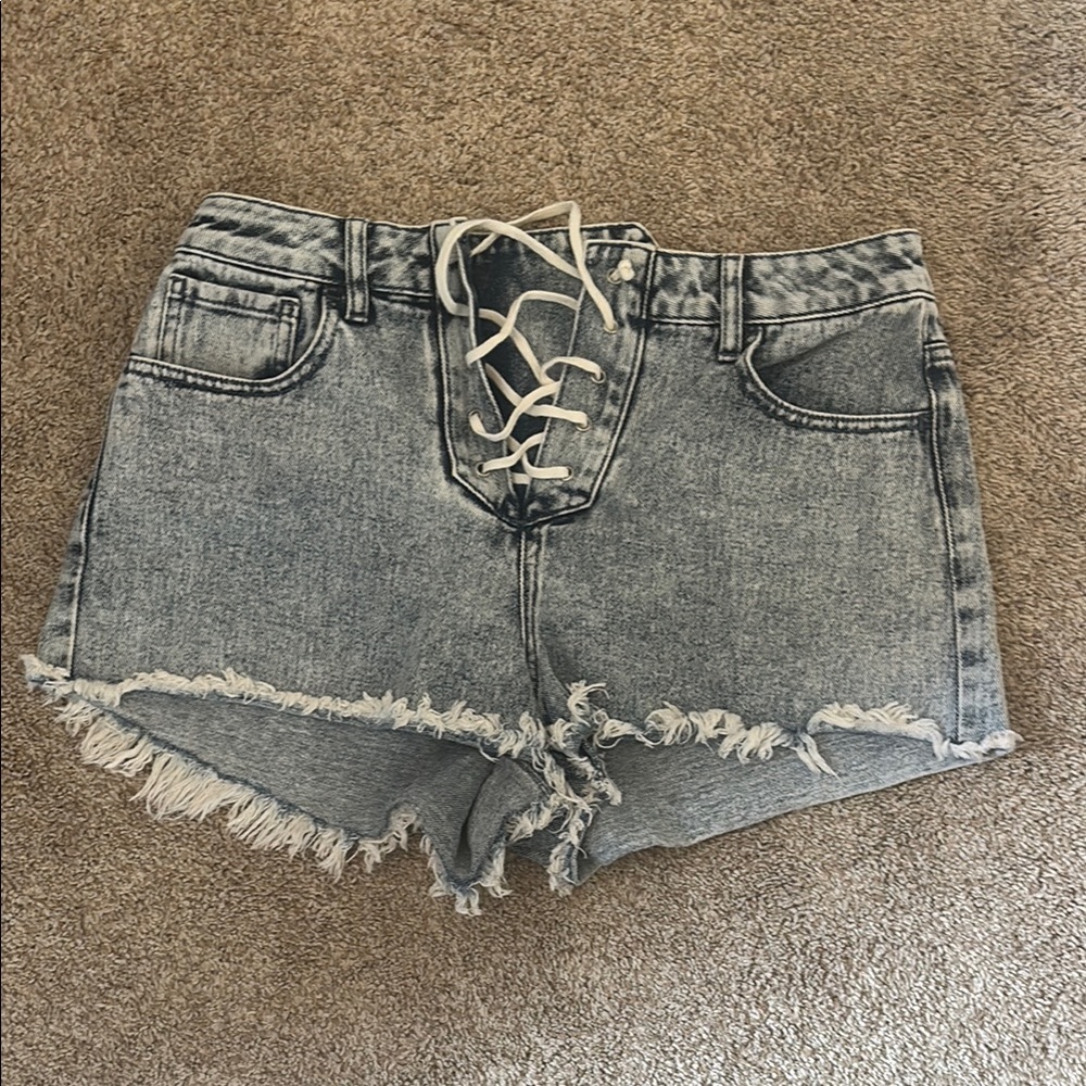 PacSun Gray Jean Shorts with Lace-Up Front and Distressed Hem